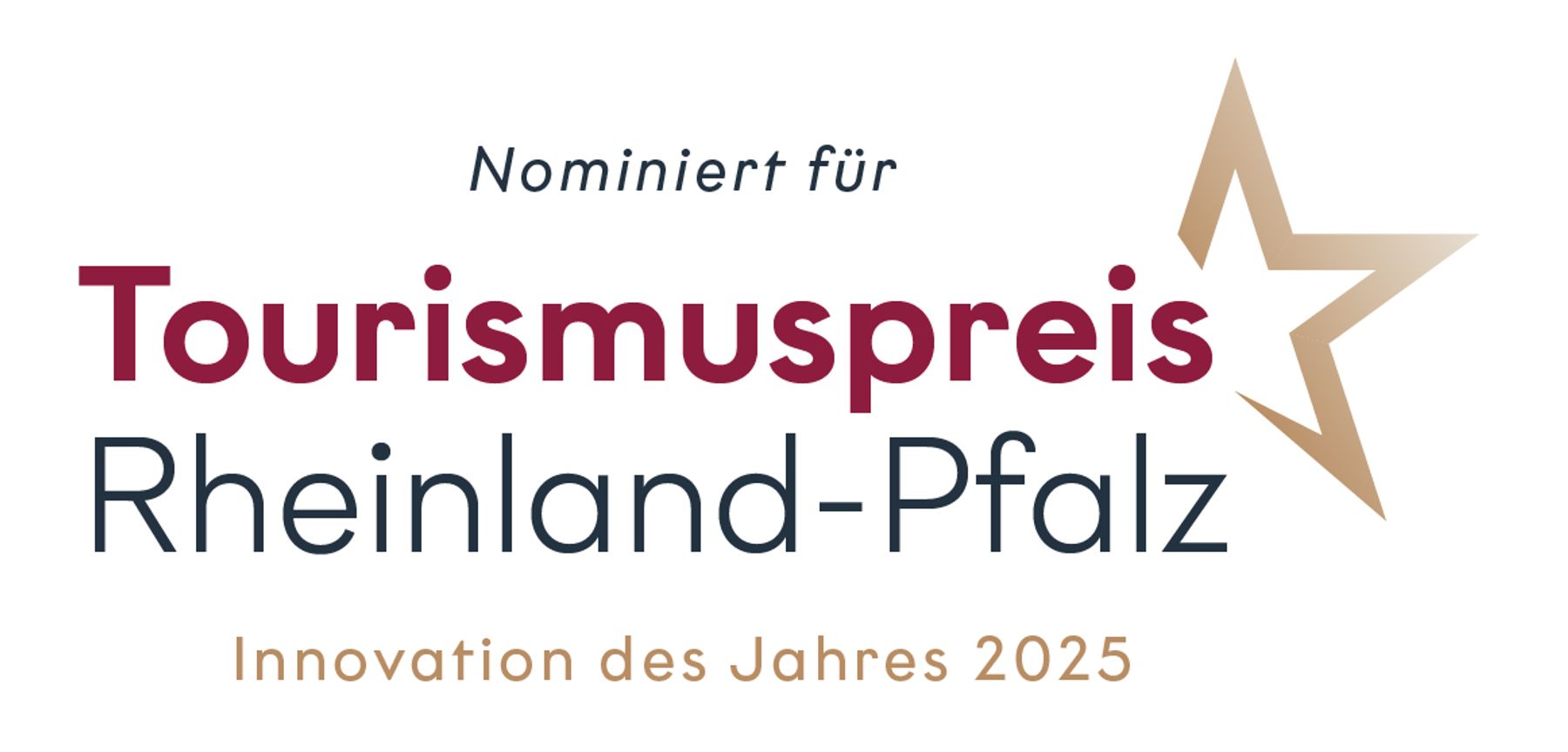 Logo mit Text: Nominiert für Tourismuspreis Rheinland-Pfalz - Innovation des Jahres 2025 neben einer stilisierten goldenen Sterngrafik.